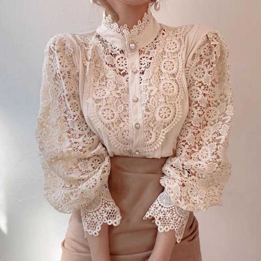 Apricot Flower Lace Button Up Blouse